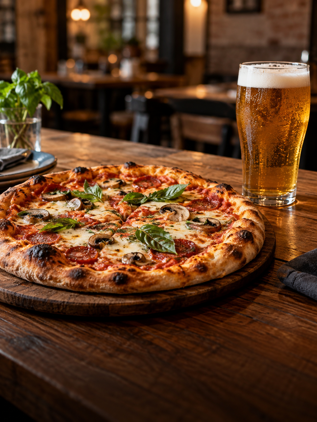 Pizza artesanal con un vaso de cerveza fría en una mesa