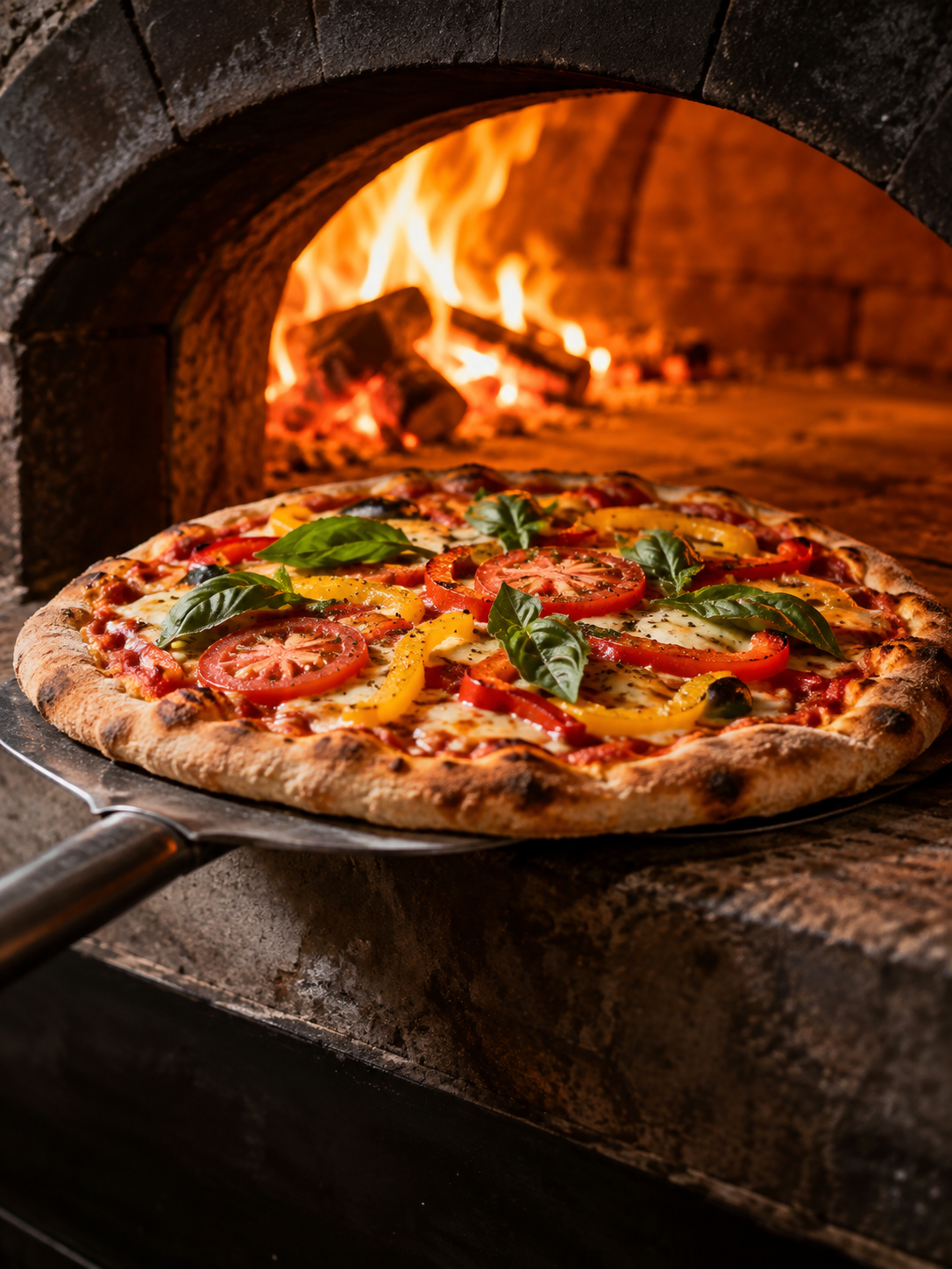 Pizza de vegetales frescos entrando al horno