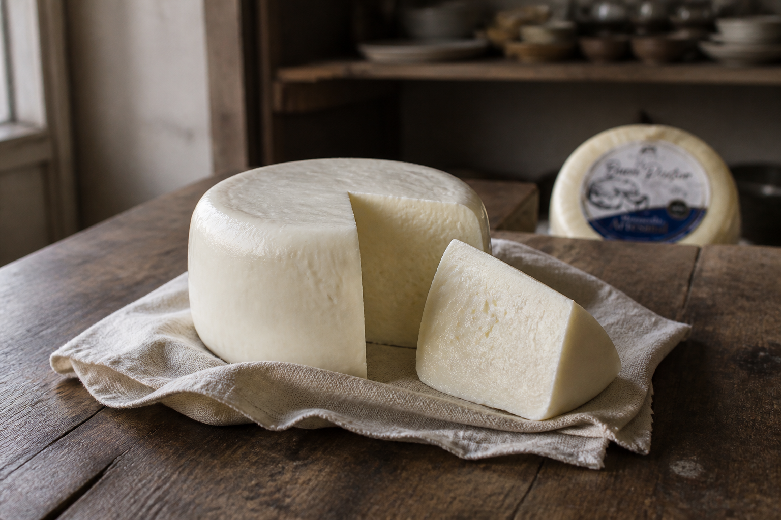 Queso mozzarella artesanal abierto sobre una mesa de madera